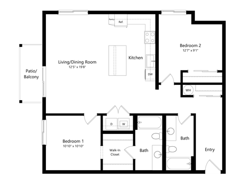 Floor plan for 2 beds, 2 baths, 1142 sqft